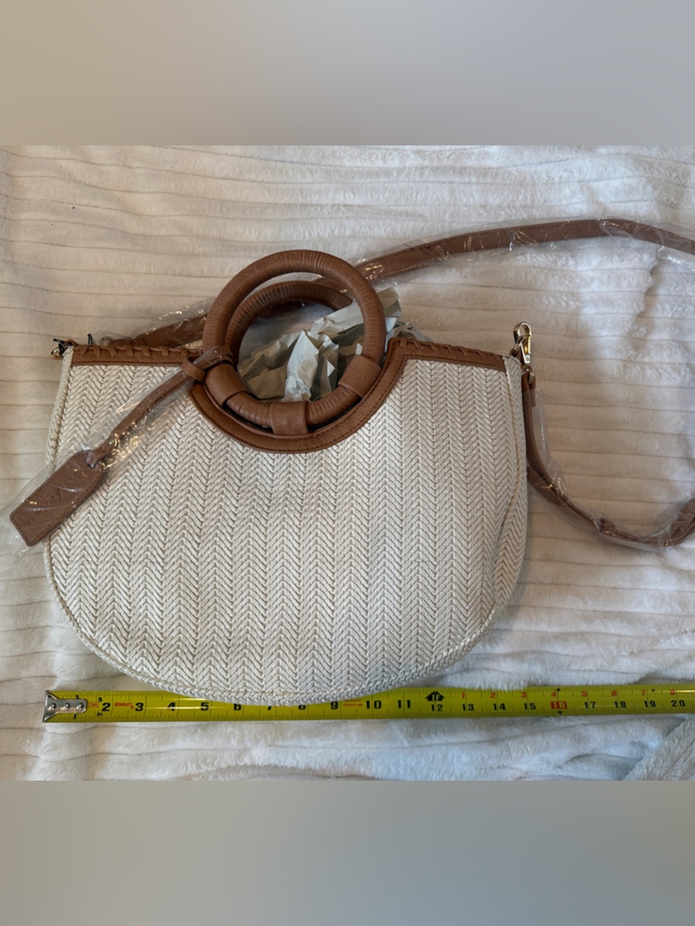 Sole Society Cream Woven Round Crossbody with Brown Trim